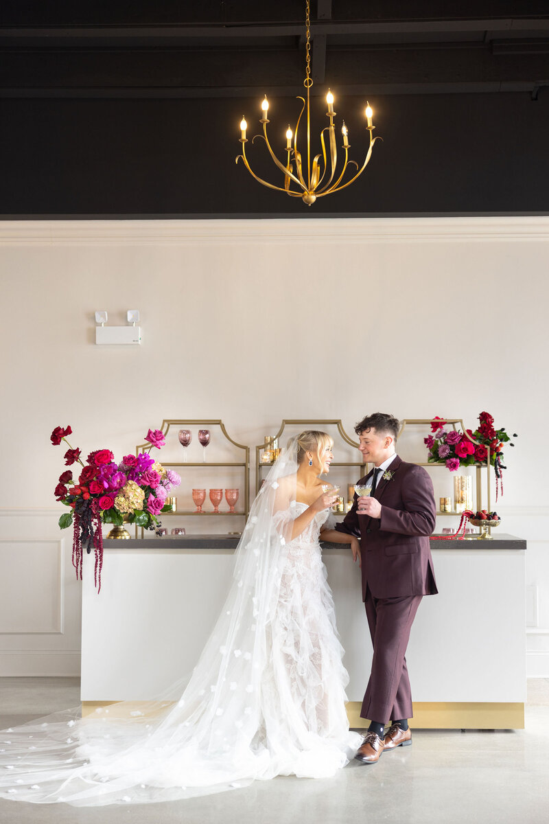 in-house bar and shelves for cocktail hour or reception drink package, happy couple during cocktail hour