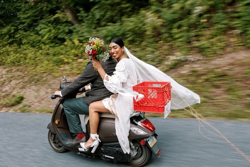 bride and groom on motorcycle by film wedding photographer Noble Photo Co