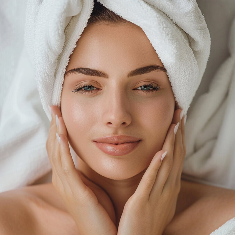 young woman receiving facial treatment with towel on her head