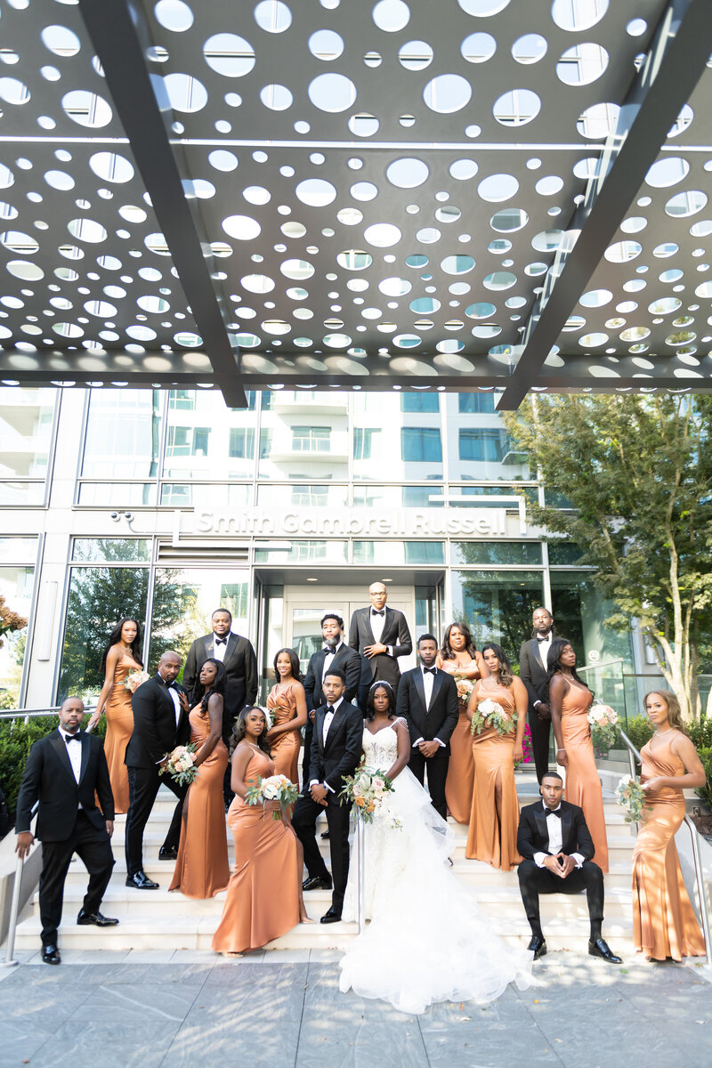Wedding party portrait in the fall at a roof top wedding