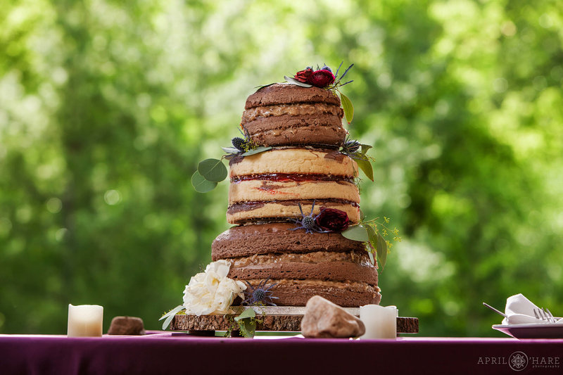 Pretty Naked Cake with green plant backdrop at Boulder Creek Wedgewood Weddings in Colorado