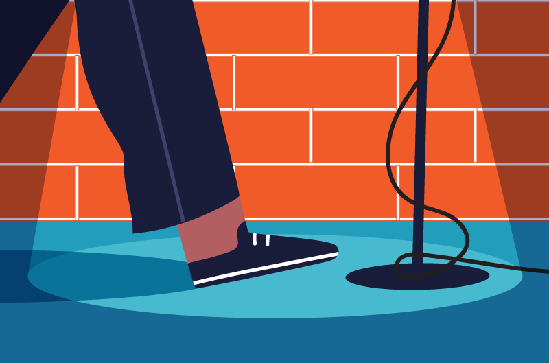Illustration of a comedian walking toward a microphone stand on stage with a brick background