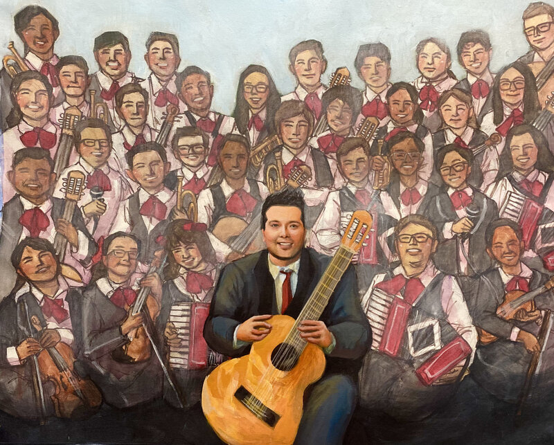 Portrait of a man with a guitar and a band behind him. 