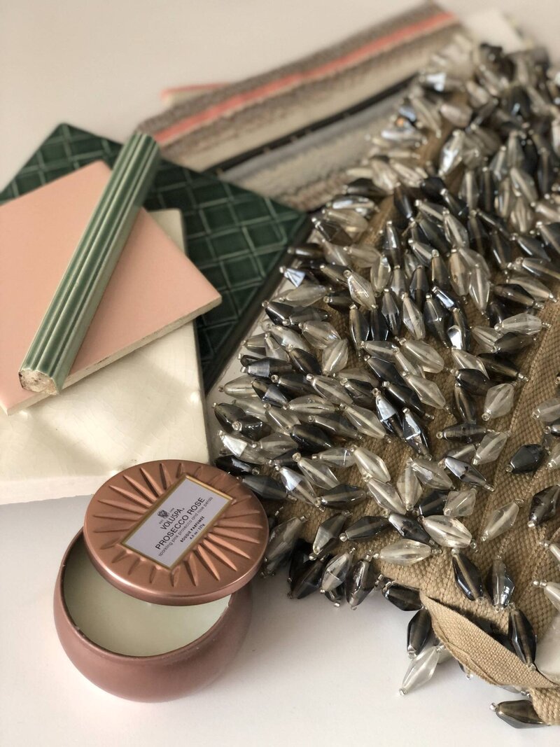 Interior design materials sample board with green and pink tile, textured fabric, and luxury beaded trim – Stuart Design Co., Phoenix interior designer