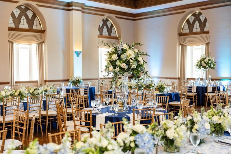 a beautiful white and blue wedding reception