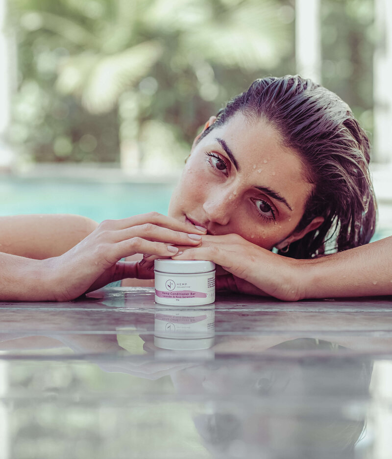 Herbal Hair Conditioner with woman on Pool Side