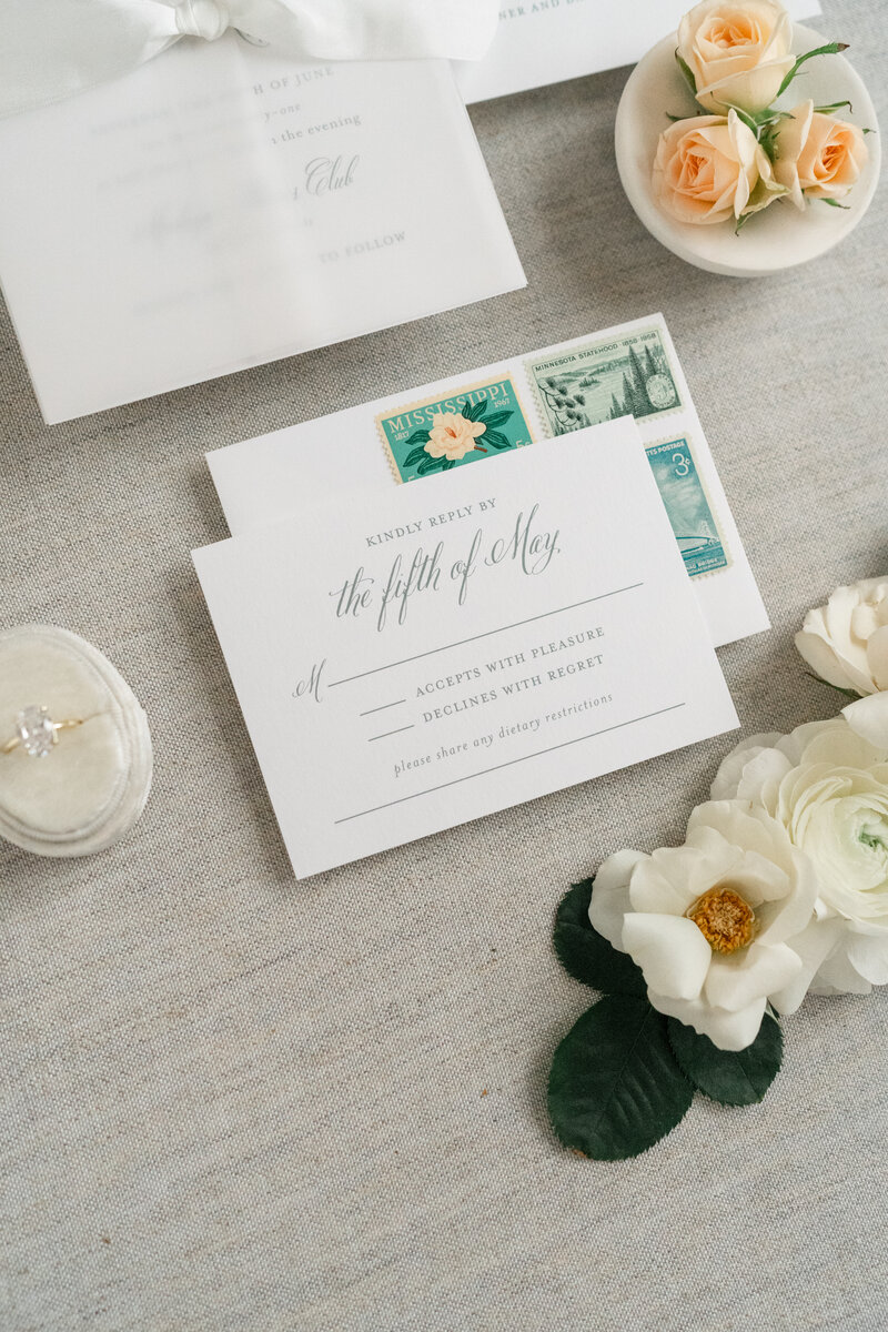 Sage Green Semi-Custom Wedding Invitation with Script and Botanical Envelope Liner