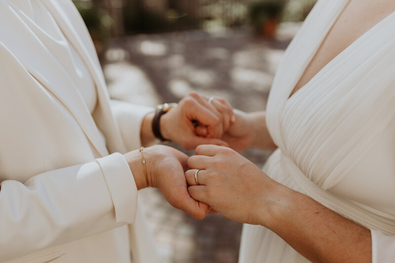 Lesbisches Paar hält sich an den Händen bei der Hochzeit