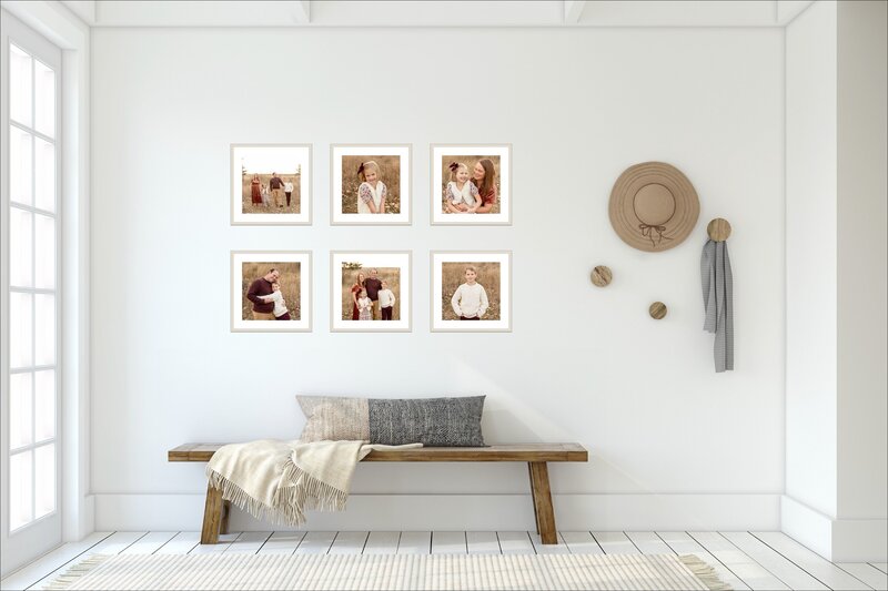 Series of six  framed prints on a wall above an entryway bench. The images are  from a fall family photography session in Portland, Oregon.