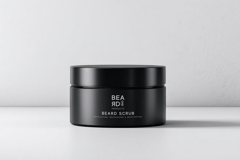 Black jar of Beard One Products beard scrub on a white background