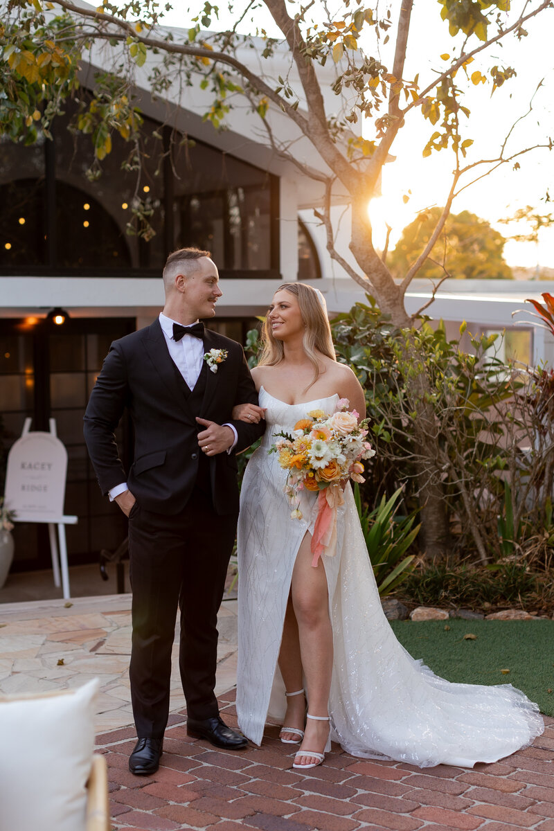 Bride & groom at Braeside, Gold Coast venue, soft waves and soft glam makeup