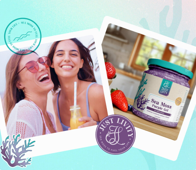Two polaroids depicting friends on a beach laughing, and the other of a mason jar in the kitchen. Floating elements of the Just Livity logo, badge and sea moss icon placed around the polaroids.