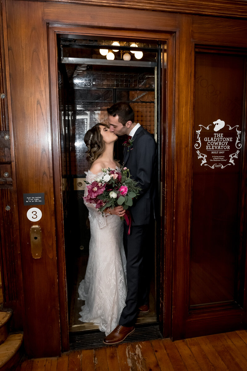 bride groom in elevator at Gladstone House