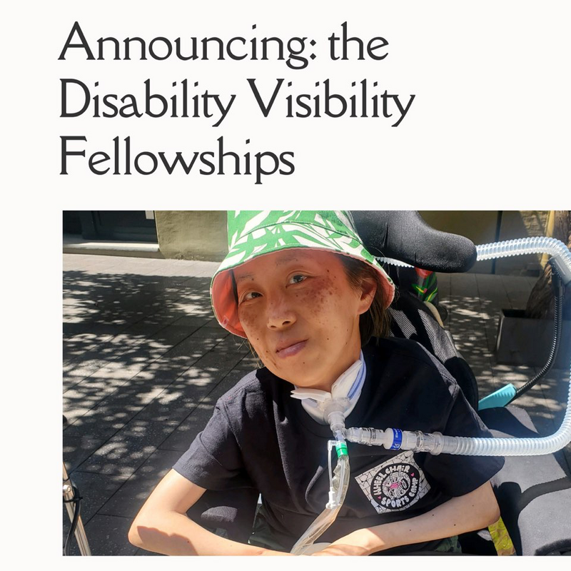 Announcing the Disability Visibility Fellowships. Accompanied by a photograph of Alice Wong.