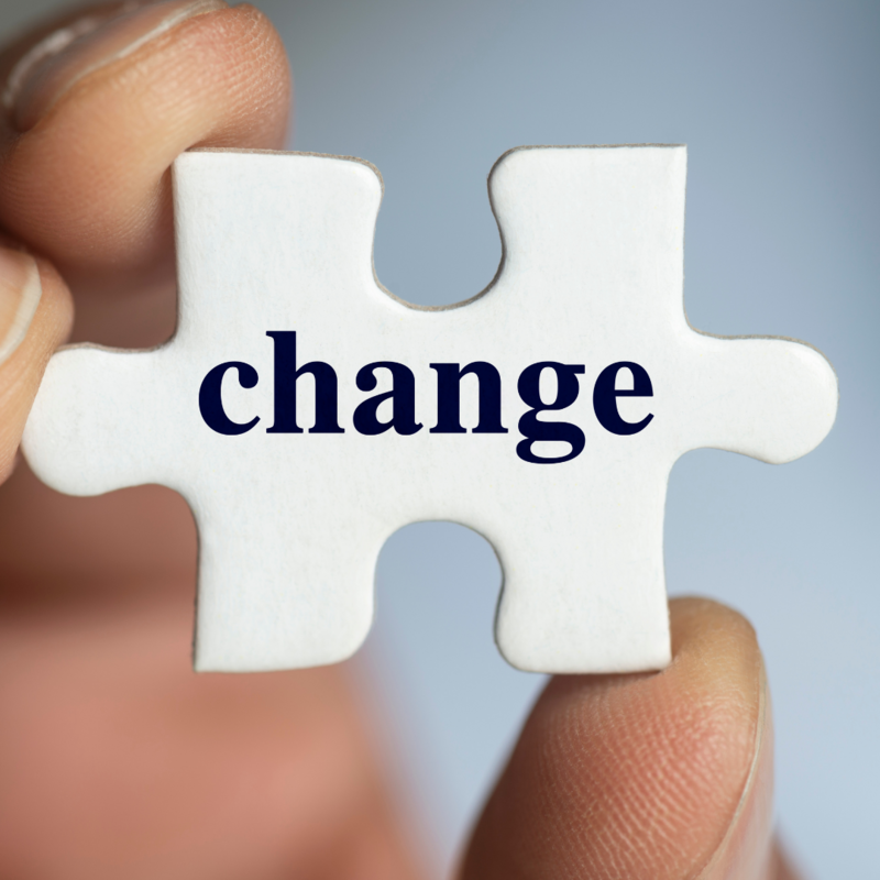 Person holding a puzzle piece that reads "change."