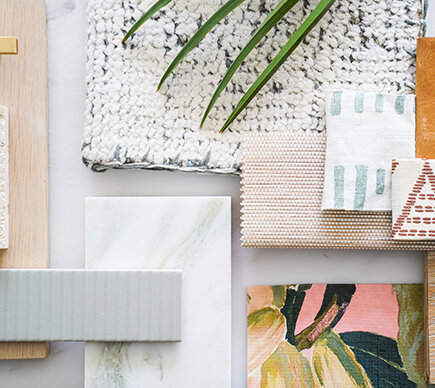Flatlay of interior design materials  with marble , carpet and wallpaper