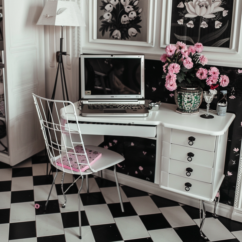 black white home office tiled floor pink flowers