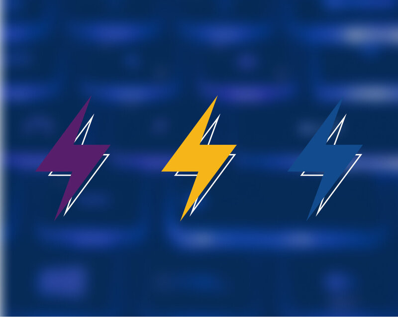 Icons of three lighting bolts (purple, yellow and blue) placed on top of a blurred out keyboard background