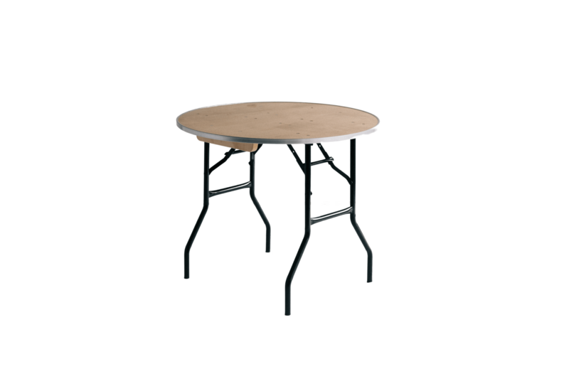 Mini round wooden table with foldable black metal legs, ideal for cakes or side use, displayed on a black background for product detail.