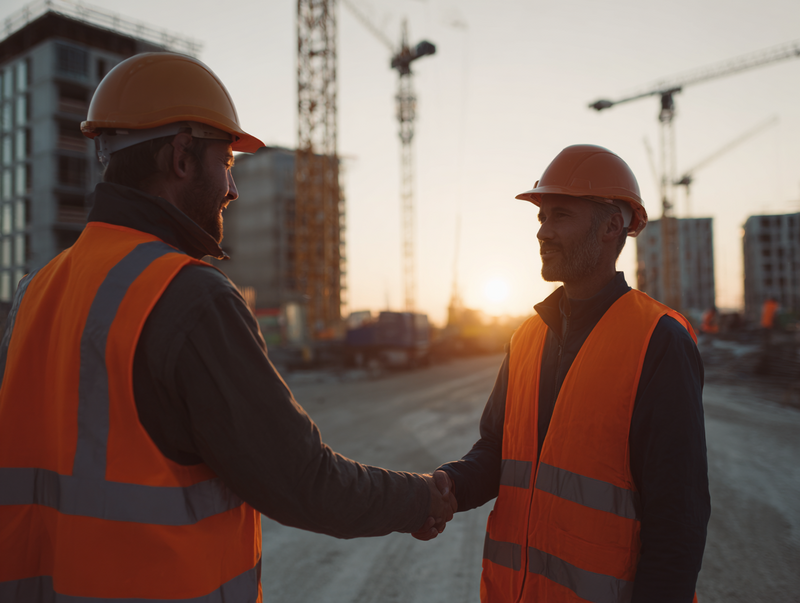 Two construction workers in safety gear shaking hands on a commercial site at sunset, symbolizing trust and partnership.