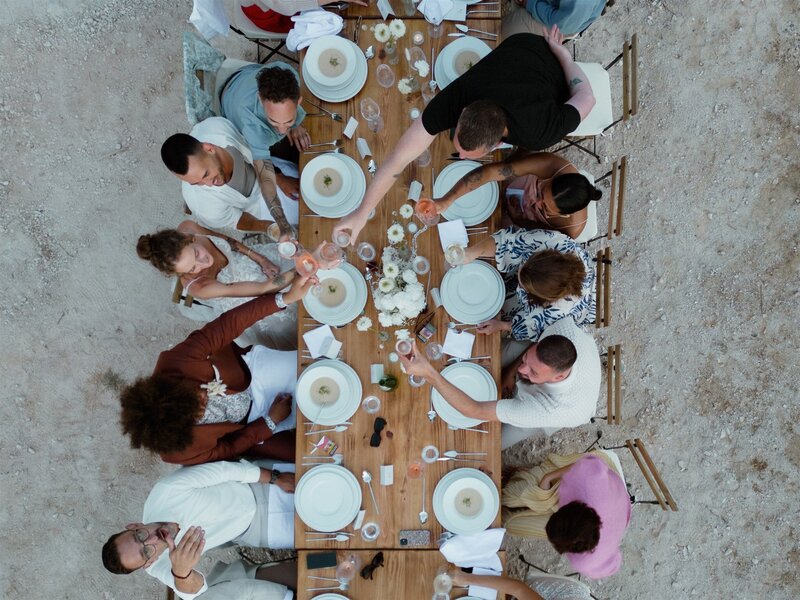 dinner guests drone shot