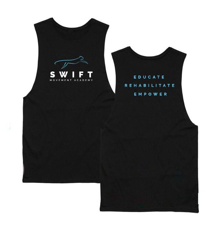 Train in your SWIFT tank top so that you #MOVESWIFTLY everyday. Scientifically proven to improve your performance*. *Statement may or may not be entirely true. Note: Please look at sizing chart CAREFULLY as sizes are a very large make and there is a no returns policy on tank tops. Zenia + Jo (Single Female Images) wear size S. Both Shaz + Luke (Couple Image) wear size M.