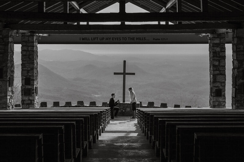 Surprise proposal at Pretty Place Chapel taken by Asheville wedding photographers.