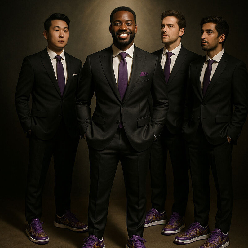Groom and groomsmen waring suits and custom sneakers