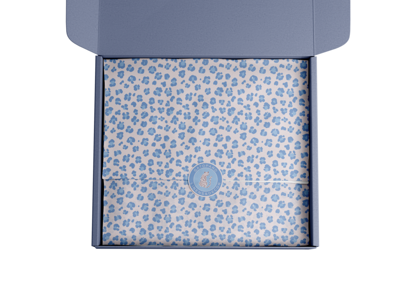 Custom designed light blue packaging box with blue-toned leopard print, blush backgrounnd and Gatopard logo sticker