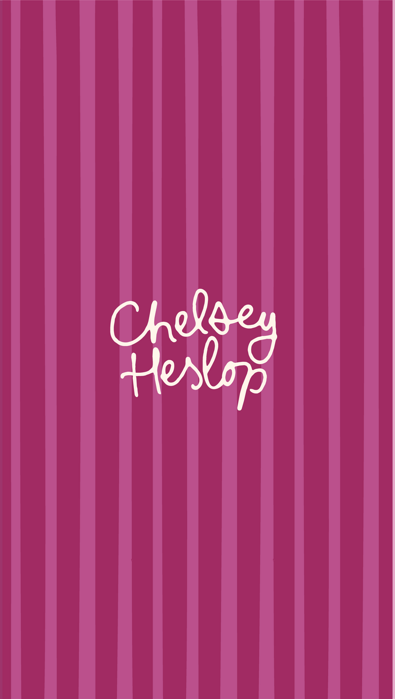 Chelsey Heslop logo on a plum striped background