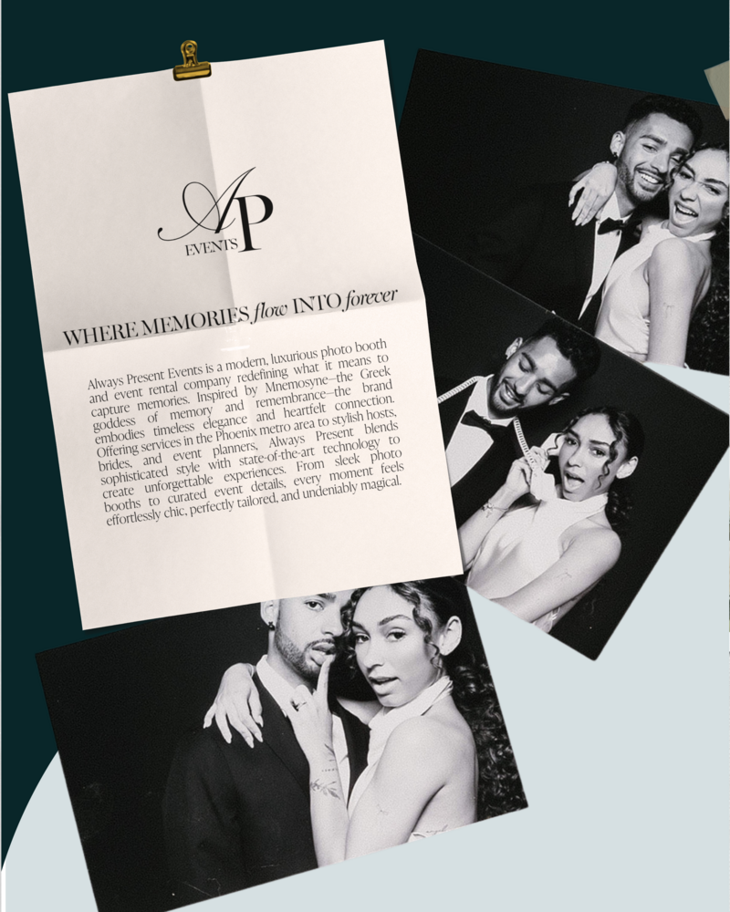 Branded collateral, logo variations, and photography for Always Present Events, showcasing cohesive brand identity and design strategy by Her Higher Standard.