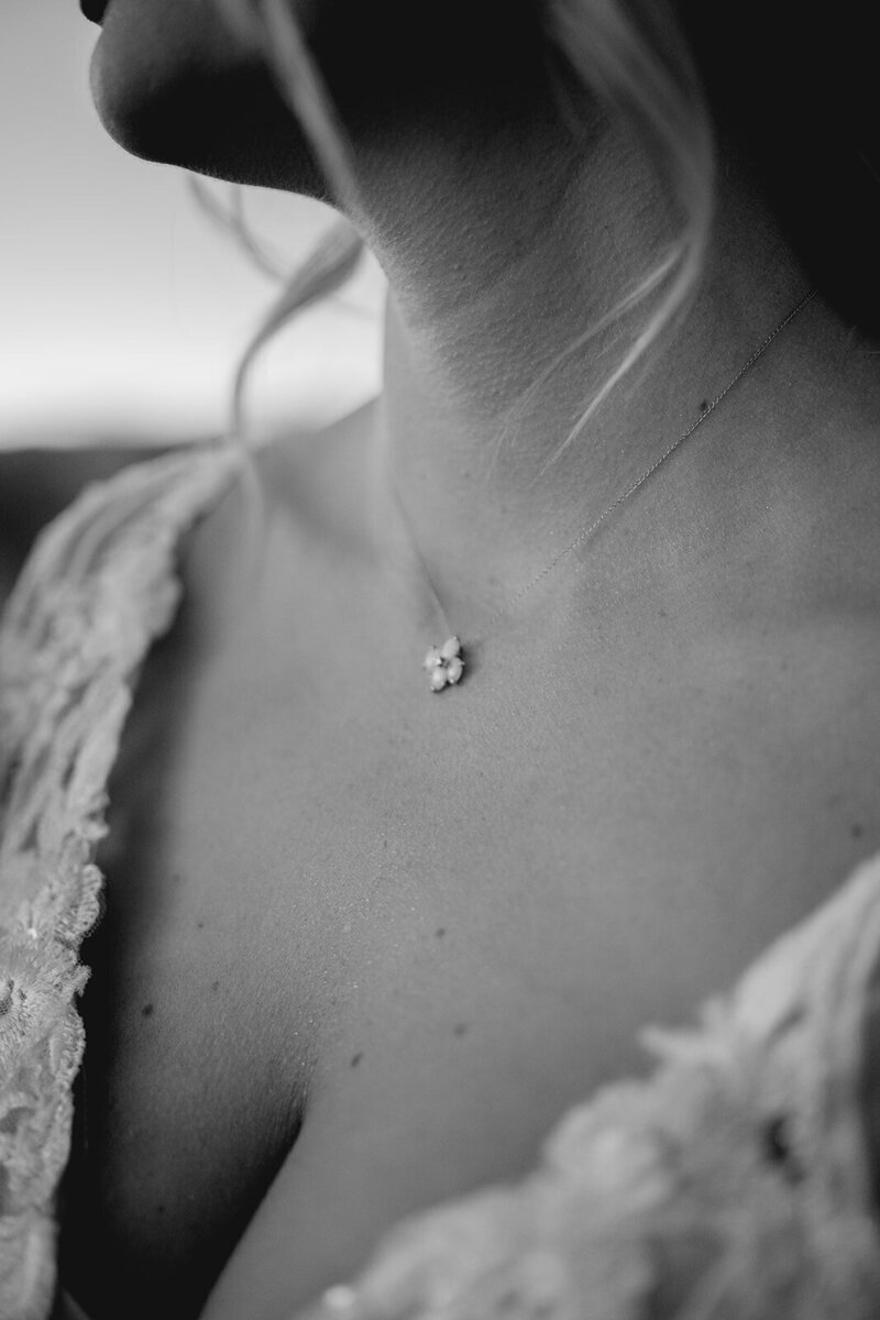 Brides details of her necklace and lace elopement wedding dress.