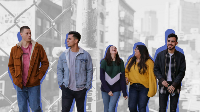 5 teens walking, diverse male and females with city skyscape backgorund
