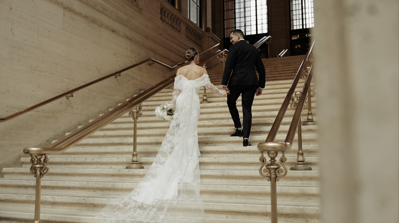 Bride and groom get married  in downtown Chicago