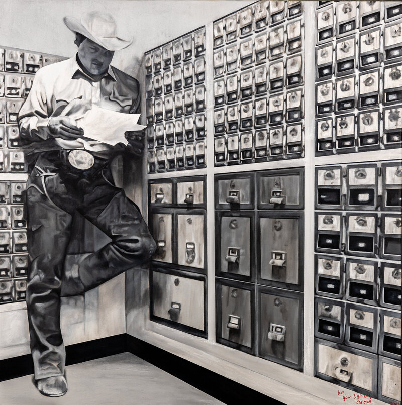 Christen-Horner-Art-Austin-Texas-OriginalPainting-2024-Thought-You-Should-Know-36x36-BlackAndWhite-Cowboy-Post-Office-Newspaper