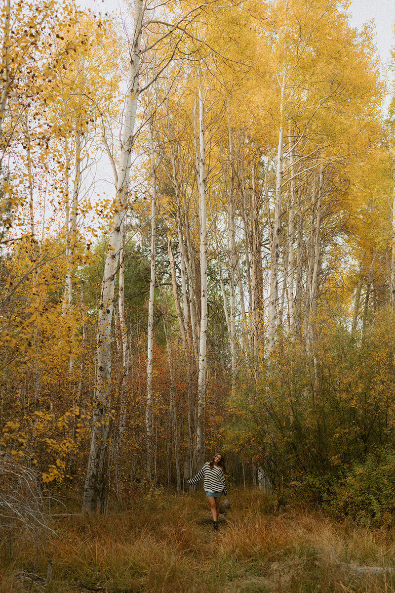 girl in red skirt and black sweater standing on hill in the forest