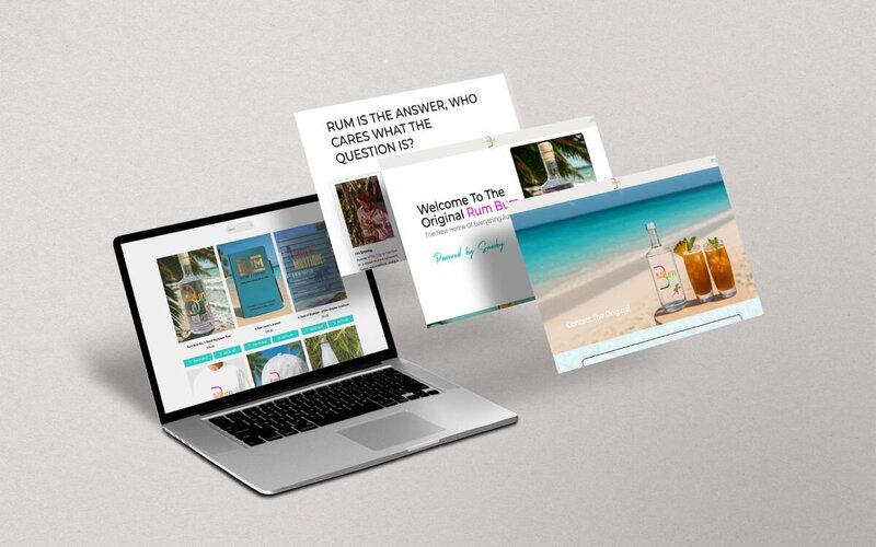 Laptop and floating browser windows featuring a Caribbean-themed rum brand website with product images, beach scenes, and the phrase "Rum is the answer, who cares what the question is?"