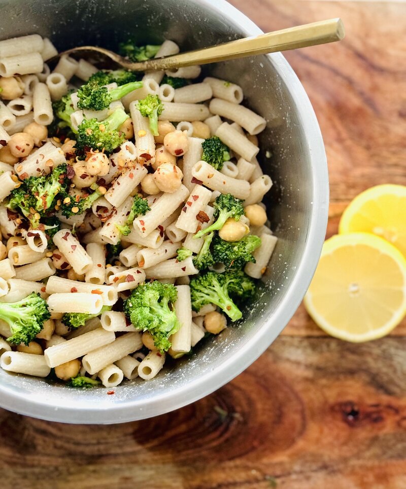 brown rice pasta with broccoli, chickpeas, red pepper flakes, with lemon and olive oil dressing
