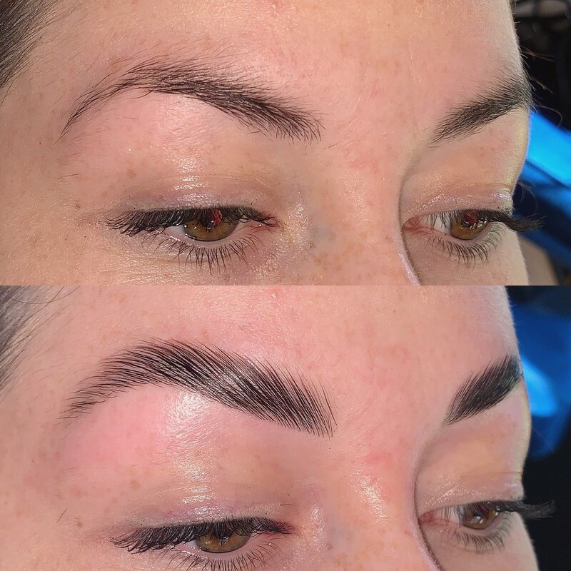 Before and after photo of a woman's eyebrow lamination