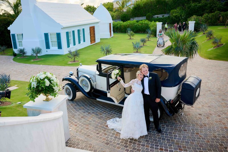 Bermuda Wedding Bermuda Bride Happy Groom and Bride with Vintage Bridal Car