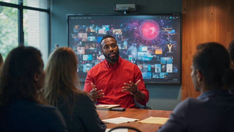 A man presenting to three of his colleagues in a workplace meeting room.