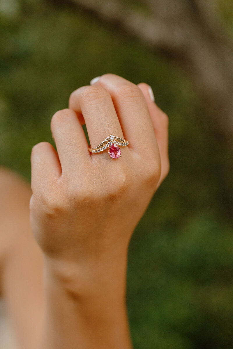 14k gold hot pink spinel and diamond ring