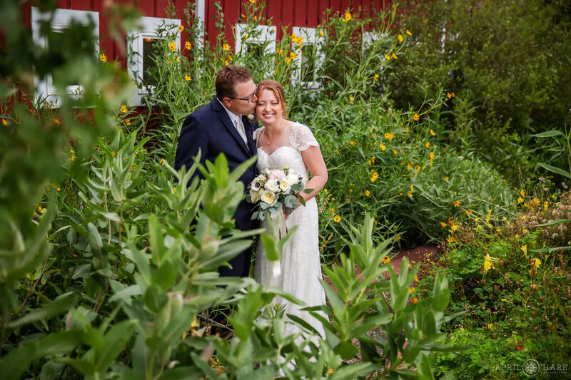 Groom kisses bride in the garden next to Green Farm Barn at Chatfield Farms