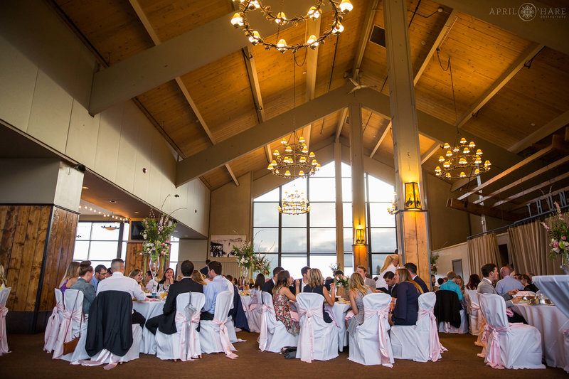 Wide view of the Champagne Powder Room set up for wedding reception at Steamboat Springs Resort in Colorado