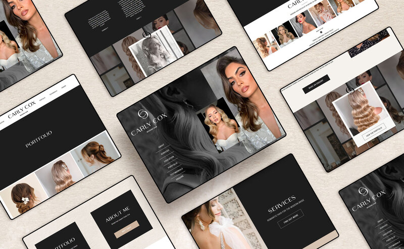 Landscape website mockup for Carly Cox Wedding Hair using a chic, neutral colour palette