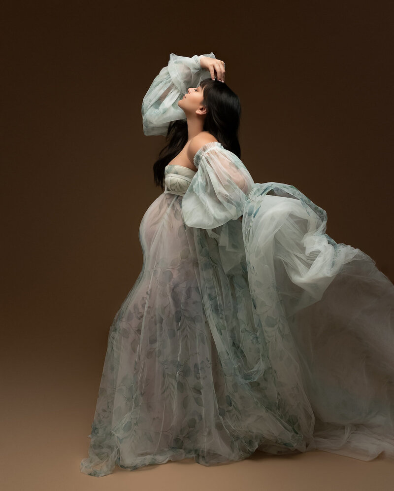 Studio gown with layered sheer fabric and soft green botanical tones – voluminous sleeves and skirt