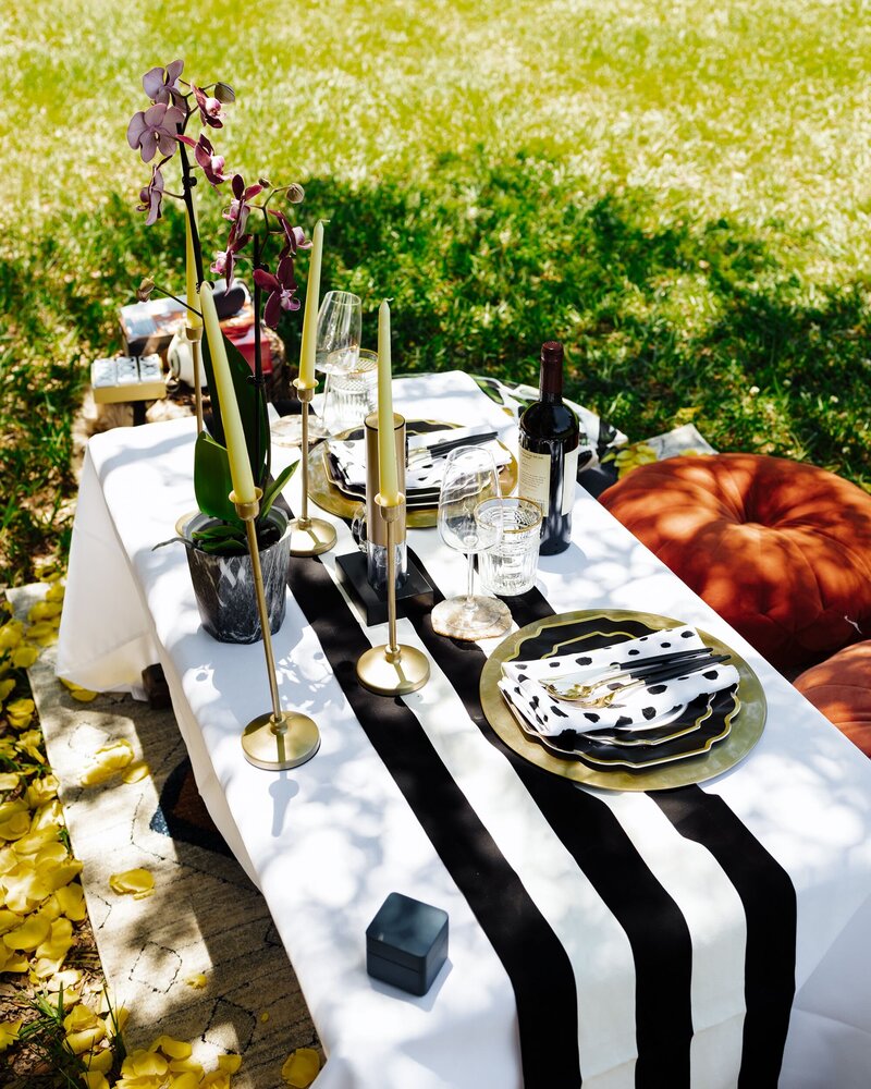 Luxury picnic with black and white tablecloth and green candles
