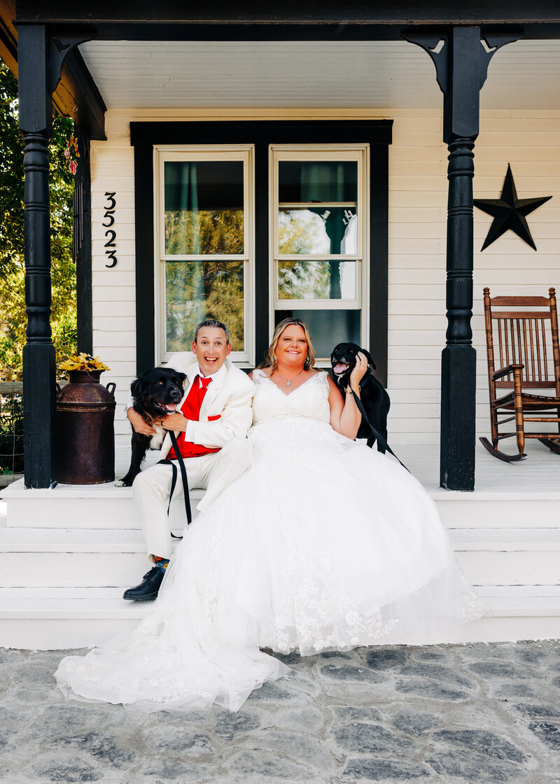 Bride and groom sitting on front porch with dogs in Stevensville, MT