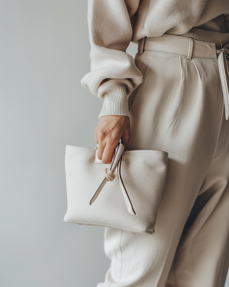 Close-up of a woman in beige high-waisted trousers holding a soft leather clutch bag, styled in monochrome minimalism