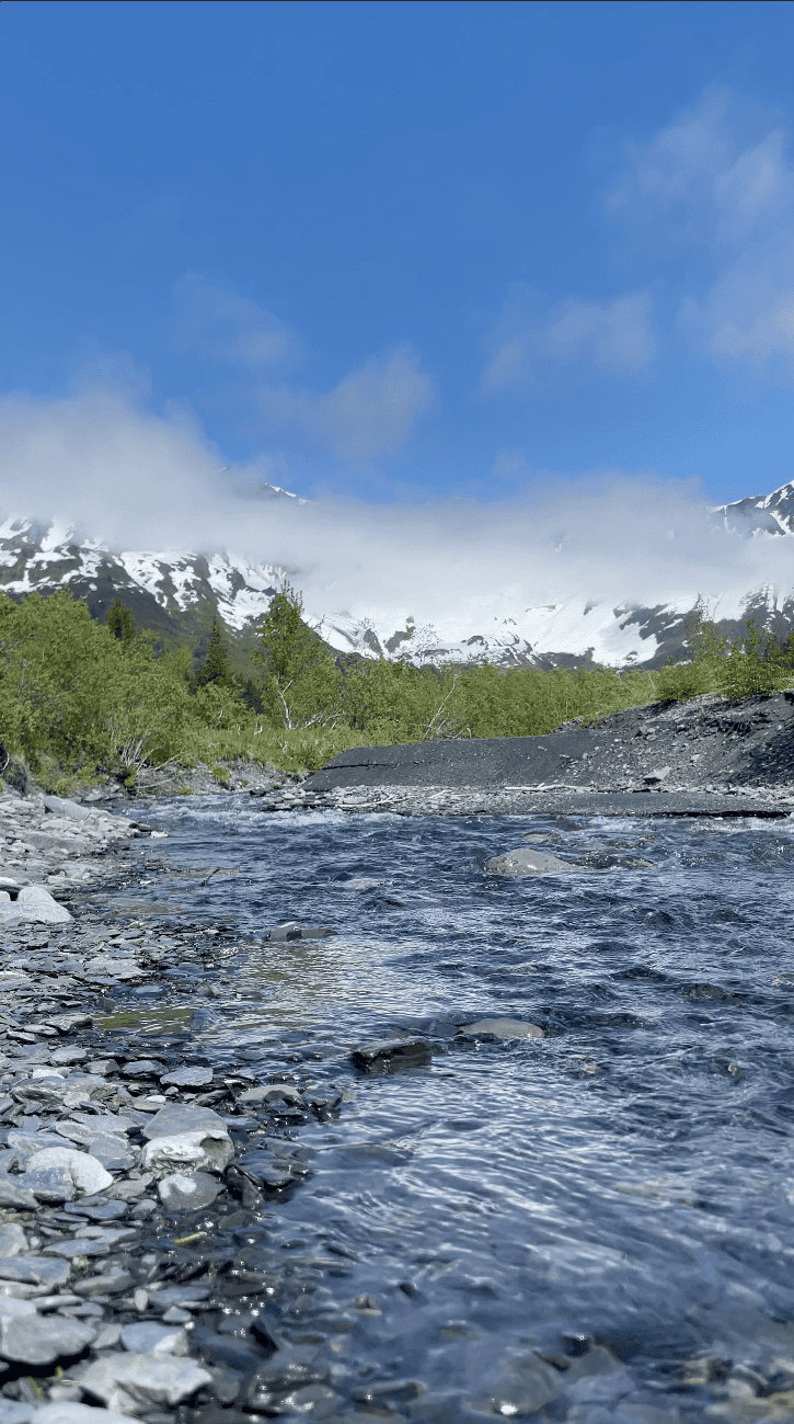 A view of a bubbling, rocky creek during a flat bottom boat ride for a nature tour during a 2 day adventure luxe glacier elopement package in Talkeetna, Alaska.  The sky is bright blue and mountains are snow covered, rising in the distance beyond the river's edge. 